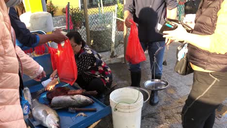 Señora-Corta-Y-Vende-Pescado-En-El-Mercado-Local