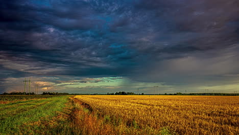Black-storm-clouds-drift-over-a-colorful-landscape-with-a-yellow-cornfield