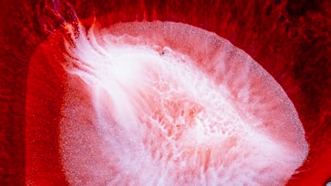 Explosive-Verbreitung-Roter-Und-Weißer-Tinte-Im-Wasser-Mit-Funkelndem-Effekt,-Der-Einen-Feurigen-Ausbruch-Hervorruft
