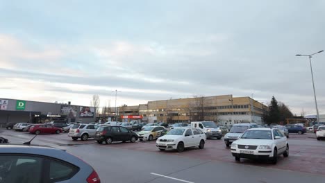 A-lot-of-cars,-parked-at-the-Kaufland-parking-lot-in-in-Hadzhi-Dimitar,-Sofia,-Bulgaria