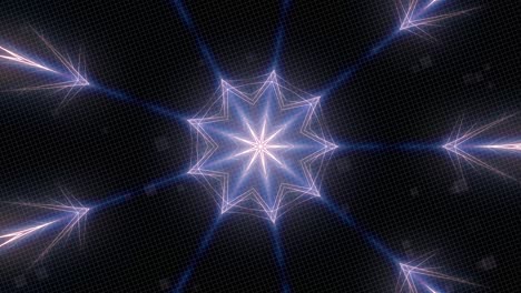 Animation-of-glowing-kaleidoscope-of-purple-neon-lines-over-grid-of-energy-and-square-particles