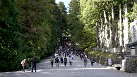 Touristengruppen-Betreten-Die-Japanische-Kulturattraktion-Toshogu-Schrein-Zeitlupe