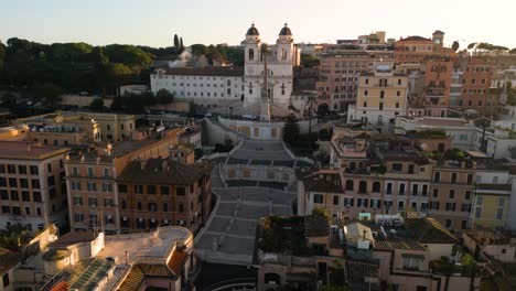 Beautiful-Drone-Flight-Above-Spanish-Steps-and-Cathedral-in-Historic-Rome,-Italy