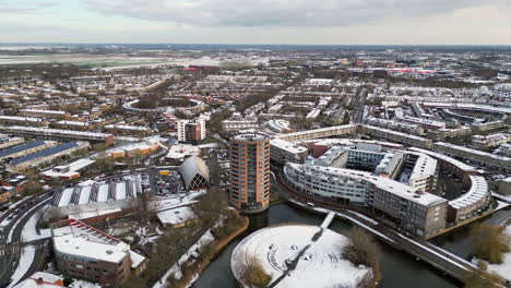 Snow-and-winter-aerial-view-at-Amersfoort-Nieuwland,-The-Netherlands