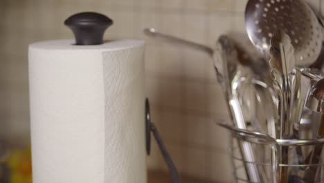 Close-up-of-a-paper-towel-roll-next-to-stainless-steel-kitchen-utensils