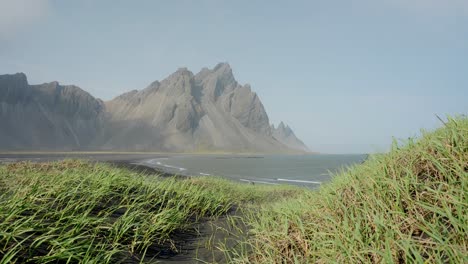 The-majestic-Mount-Vestrahorn-in-Iceland-surrounded-by-a-sandy-beach-as-seen-from-a-grassy-hill-nearby