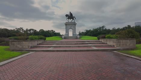 Walking-towards-Sam-Houston-statue-on-a-cloudy-morning