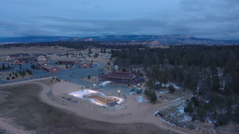 Ice-skating-rink-in-December-in-Bryce-Canyon-City-Utah,-drone-view