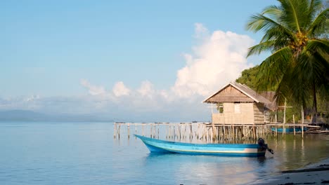 Scenic-landscape-view-of-small-fishing-boat,-coconut-palm-tree-and-thatched-roof-wooden-beach-hut-overlooking-ocean-in-Raja-Ampat,-West-Papua,-Indonesia