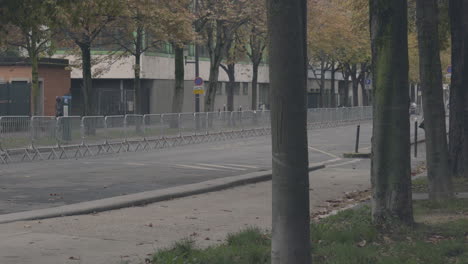 Mann-Fährt-Mit-Dem-Fahrrad-Durch-Eine-Von-Bäumen-Gesäumte,-Leere-Straße