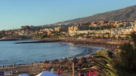 Playa-Maravilloso-Paisaje-Relajante,-Brisa-Marina-De-Palmeras-En-El-Sur-De-Tenerife