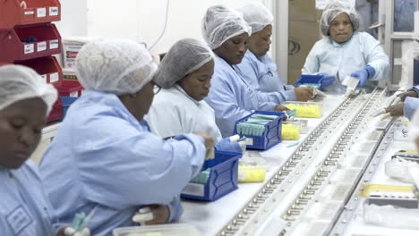 Fabrikarbeiterinnen-An-Der-Produktionslinie-Zur-Herstellung-Chirurgischer-Skalpellklingen-In-Südafrika
