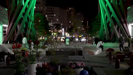 View-Of-Seating-Area-Beside-Small-Pond-Feature-Near-The-Tsuzumi-Gate-at-JR-Kanazawa-Station-East-At-Night