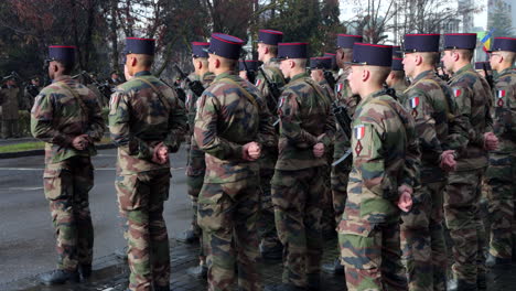 French-soldiers-stand-at-attention-during-parade,-Miercurea-Ciuc-Romania