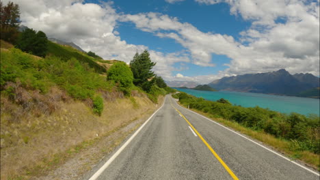 Highway-Towards-Glenorchy-Town,-Northern-End-of-Lake-Wakatipu,-South-Island,-Otago,-New-Zealand