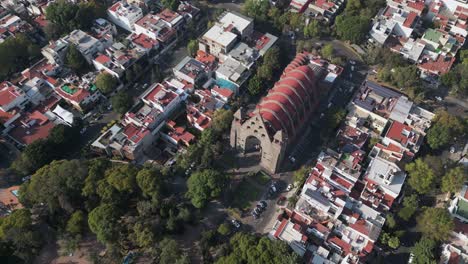 Aerial-view-of-Polanco,-cultural-attractions,-San-Agustin-church,-CDMX