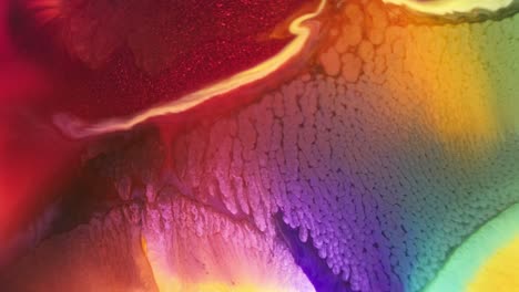 Bunte-Tintendiffusion-Im-Wasser-Mit-Einem-Spektrum-Aus-Roten,-Violetten-Und-Gelben-Farbtönen,-Makroansicht