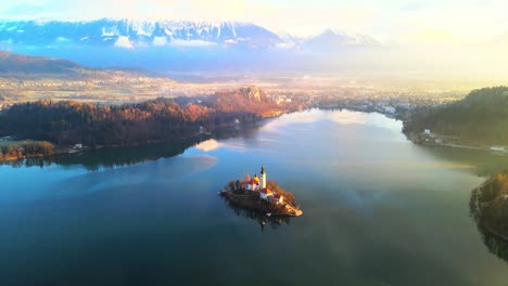 Stunning-4K-aerial-drone-video-captures-Lake-Bled,-Slovenia,-at-sunrise