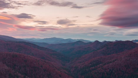 Sunset-timelapse-on-mountain-range-in-Navarra-Pyrenees-over-Irati-forest-and-mountains-orange-sunset-glow-and-soft-light