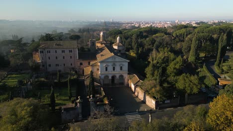 Drone-Orbits-Above-San-Sebastian-Catacombs-Above-the-Appian-Way-in-Rome,-Italy