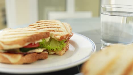 Getoastetes-Sandwich-Mit-Gemüse-Und-Einem-Glas-Wasser,-Handheld-Nahaufnahme-Dynamisch