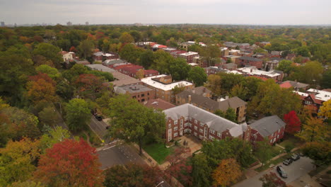 Aerial-flyover-Wydown-neighborhood-with-apartment-buildings-in-Autumn