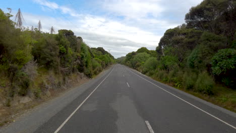 South-Island,-New-Zealand---Cruising-Along-the-Highway-in-the-Catlins-Region,-Surrounded-by-Abundant-Lush-Greenery---POV