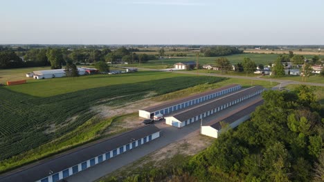 Storage-units-located-in-rural-Isabella-County,-Michigan,-USA,-aerial-view