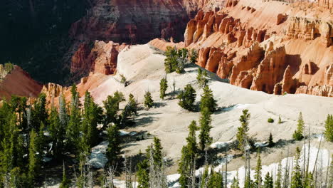 Aerial-view-tilting-in-front-of-a-viewpoint-in-Bryce-Canyon,-in-sunny-Utah,-USA