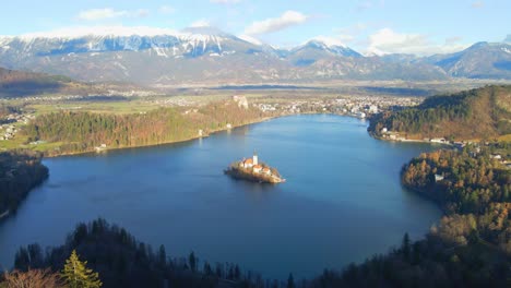 Stunning-4K-aerial-drone-video-captures-Lake-Bled,-Slovenia,-at-sunrise