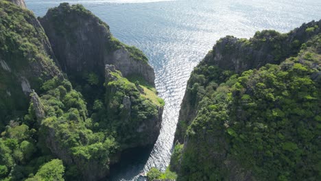 Wang-Long-Bay-of-Phi-Phi-island-hidden-among-towering-cliffs,-Aerial