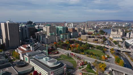 Drone-aerial-downtown-landscape-city-skyline-shot-of-location-roads-buildings-towers-commercial-infrastructure-urban-development-Ottawa-Ontario-Canada