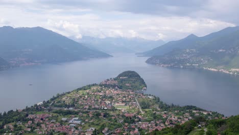 Bellagio-city,-alpine-gem,-located-on-cape-inside-Lake-Como,-aerial