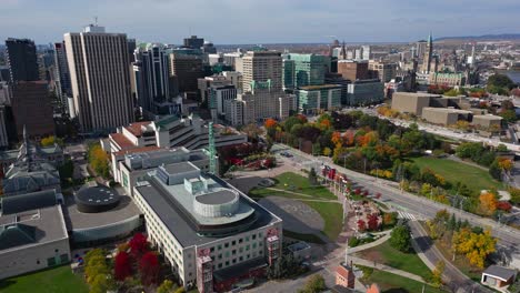 Ottawa-city-hall-and-skyscrapers-in-background,-aerial-parallax-view