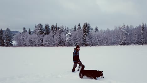 Hombre-Caminando-En-Nieve-Fresca-Con-Juguetón-Malamute-De-Alaska-Durante-El-Invierno-En-Noruega