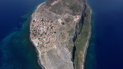 Drone-shot-of-Monemvasia-lower-and-upper-towns,-Southern-Greece