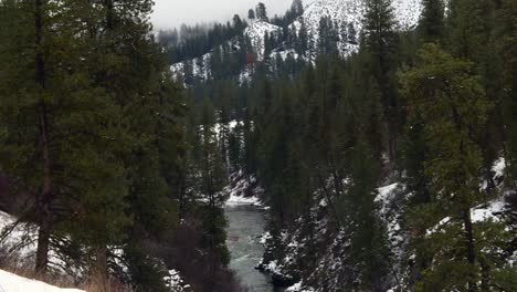 Schmaler-Fluss-Mit-Dichten-Bäumen-Und-Schneebedeckten-Bergen-Im-Boise-National-Forest,-Idaho,-USA