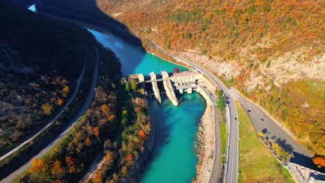 Stunning-aerial-4K-drone-footage-of-hydroelectric-water-dam-on-the-river-Soča