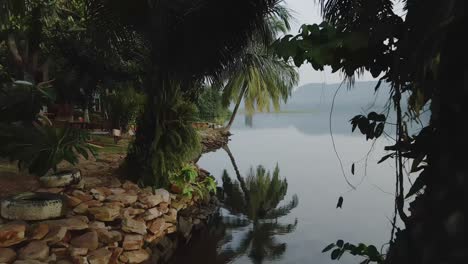 Dolly-drone-shot-taking-the-front-view-of-the-resort-at-Akosombo-Atimpoku,-Eastern-Region