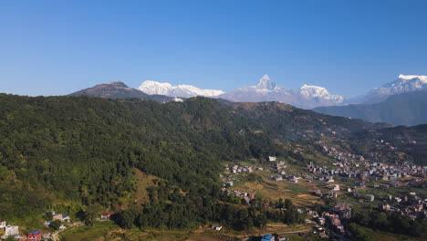 Scenic-Mountains-And-Village,-Pokhara,-Nepal---Aerial-Shot