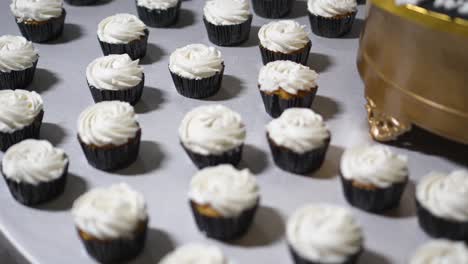 Several-chocolate-cupcakes-with-white-cream-on-a-table-at-wedding-celebration-party-in-hotel