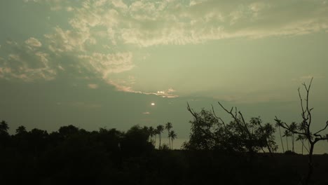 Sonnenuntergangssilhouette-Von-Bäumen-Vor-Einem-Bewölkten-Himmel,-Durch-Die-Strahlen-Lugen,-Ruhig-Und-Gelassen