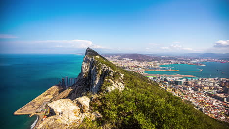 Rock-of-Gibraltar-and-panoramic-cityscape-view,-time-lapse