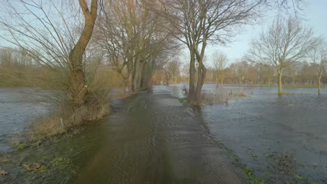 Río-Ems-Inundado-Desbordando-Llanuras-Aluviales-En-Emsland,-Alemania