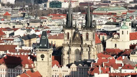 Aerial-view-of-Church-of-Our-Lady-before-Tyn-and-Powder-Tower-in-Prague