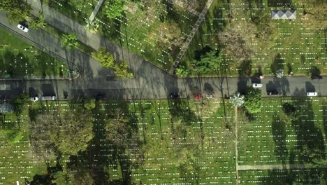 Von-Oben-Nach-Unten-Drohnenaufnahme-Einer-Straße-In-Einem-Gedenkfriedhofspark,-Mit-Vorbeifahrenden-Autos