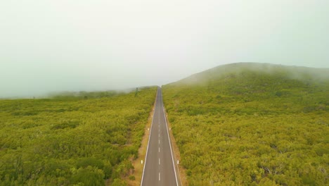 Aerial-flyover-road-in-green-mountains-of-Madeira-during-foggy-grey-day