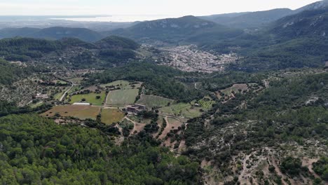 Aerial-flyover-green-mountains-and-fields-in-Esporles-during-sunny-day,-Mallorca---birds-eye-shot