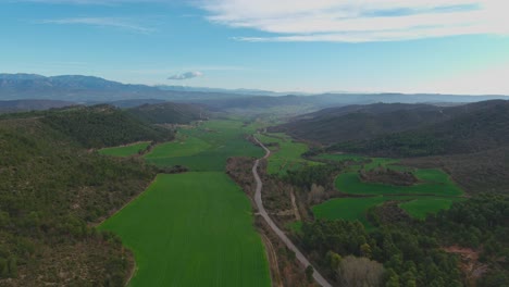 Panoramic-aerial-view-of-beautiful-green-fields-outskirts-of-Bergus