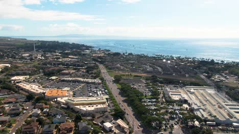 Aerial-locals-area-off-the-coast-of-Maui,-Hawaii-USA,-massive-supermarket-and-building-complex